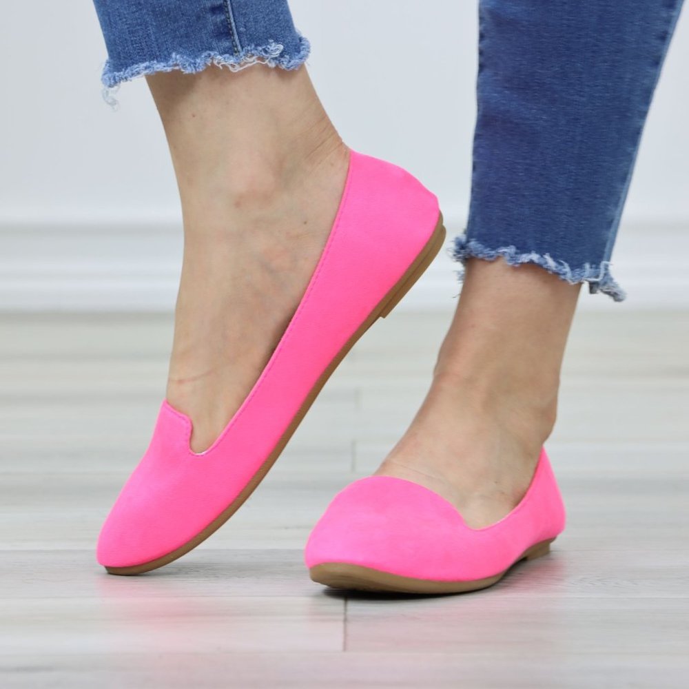 Neon Pink Faux Suede Rounded Toe Slip On Flat Shoes - Picture 11 of 12